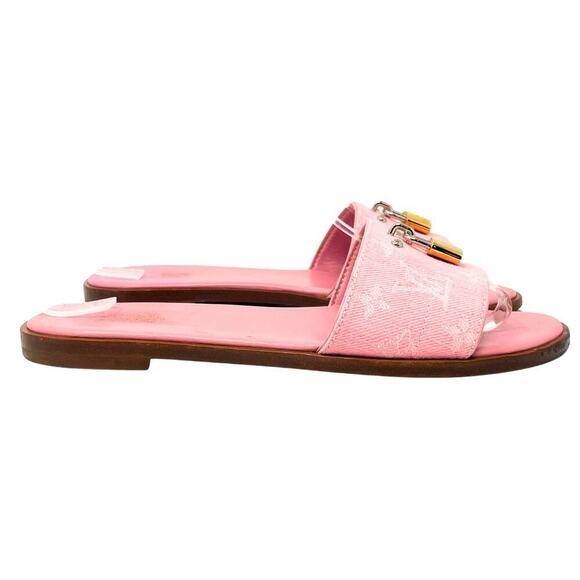 Louis Vuitton LV Logo Monogram Canvas Pink Tan Gold Lock It Flats Sandals EU37.5 - Picture 7 of 11